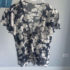 Navy and white floral blouse